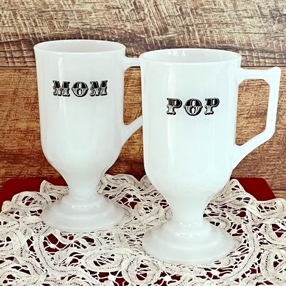 Milk Glass Mom Pop Coffee Mug Pedestal Cup Vintage Set